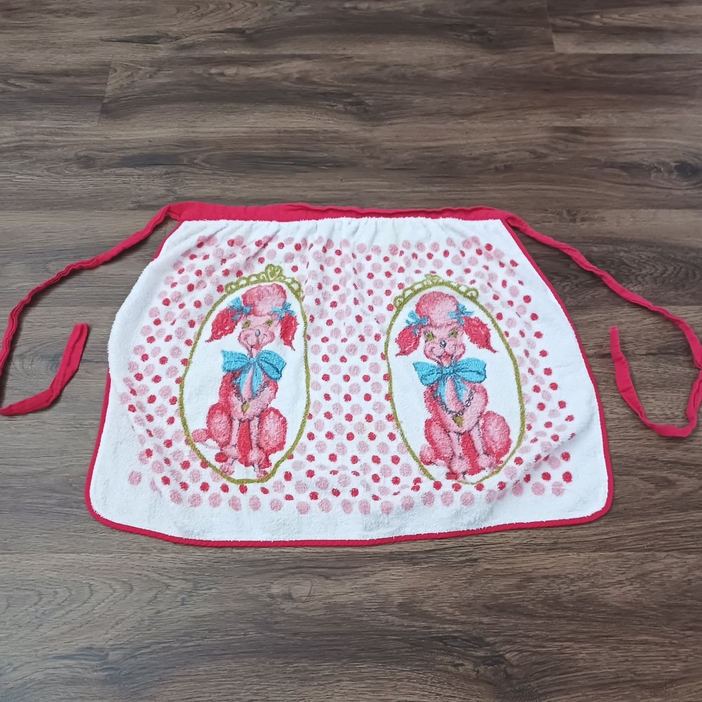Vintage Pink Poodle Terry Cloth Half Apron Polka Dot Kitsch Retro Red Trim
